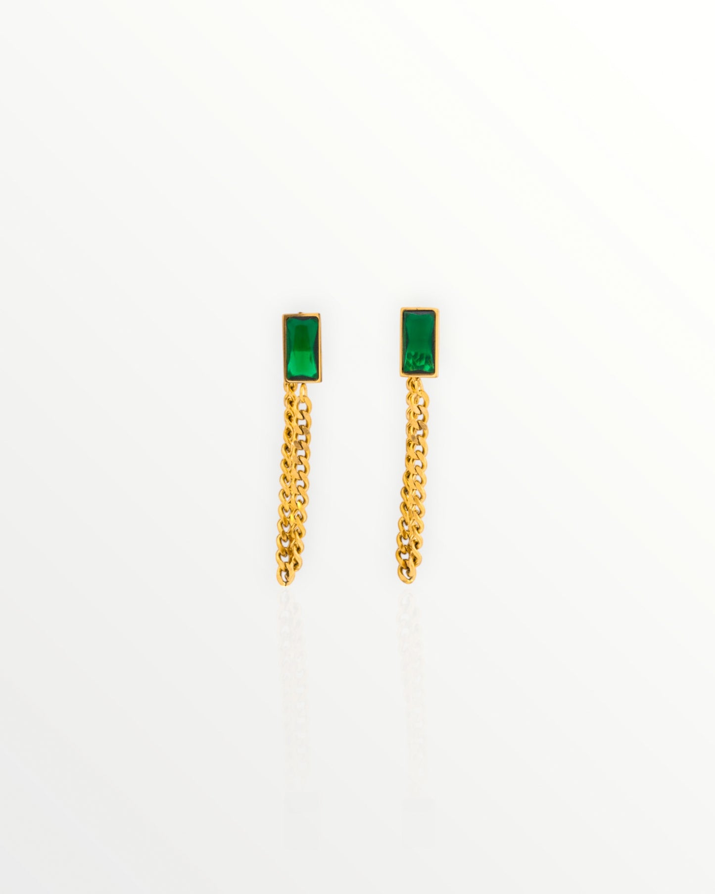 Emerald Rectangle Gold Chain Drop Earrings - Luxury Statement Jewelry