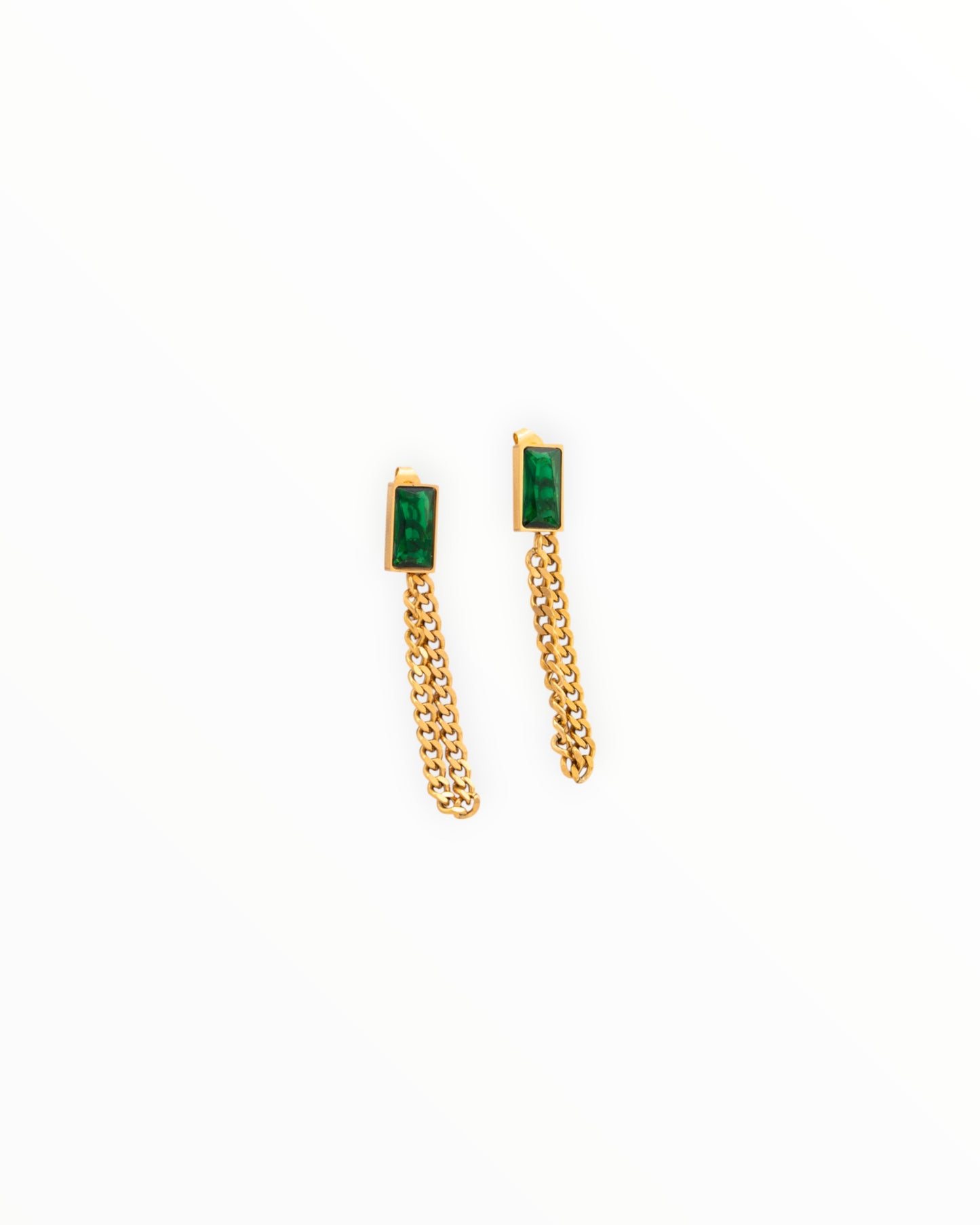 Emerald Rectangle Gold Chain Drop Earrings - Luxury Statement Jewelry