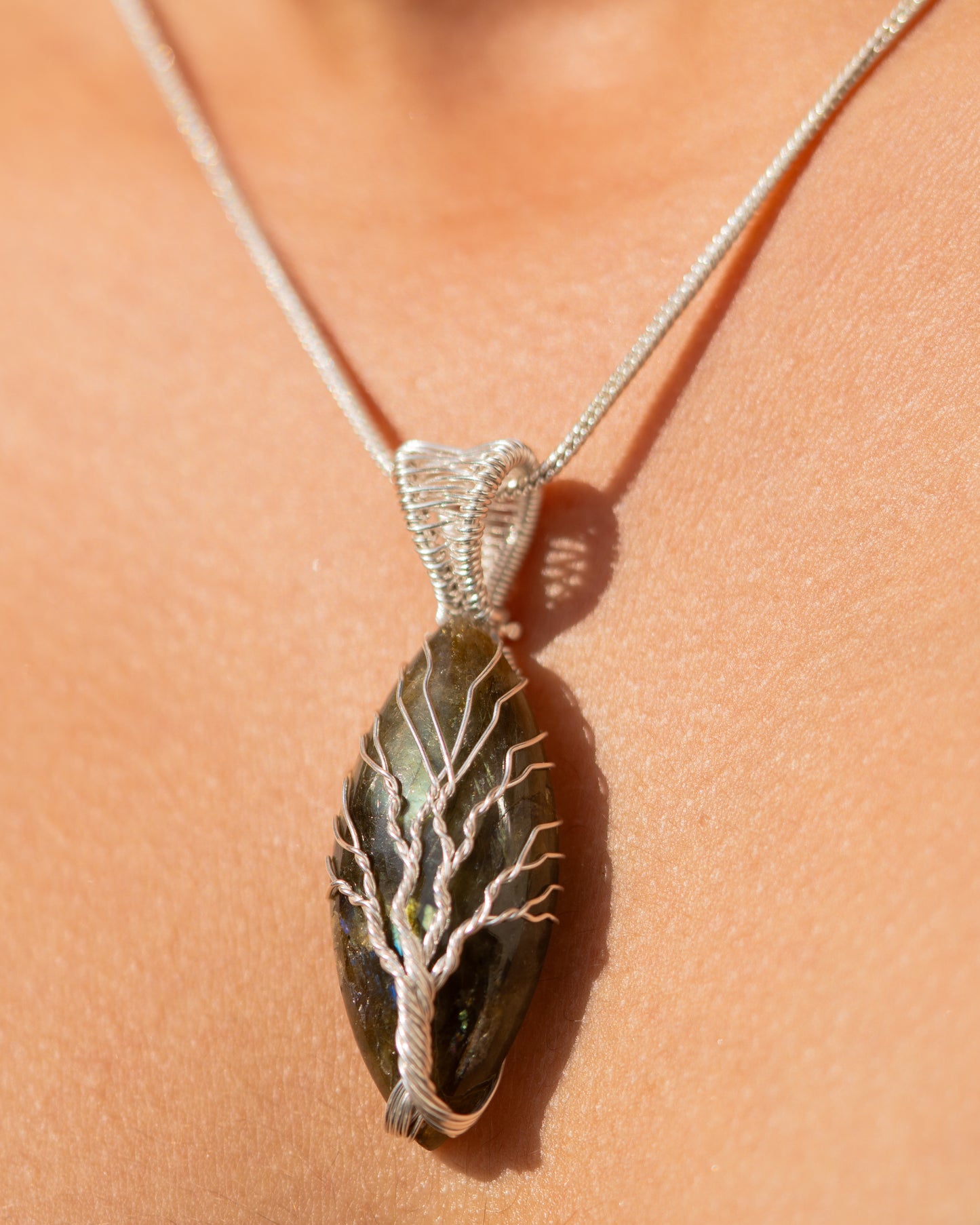Labradorite Tree of Life Pendant - Handwoven Silver Wire Wrapped Necklace