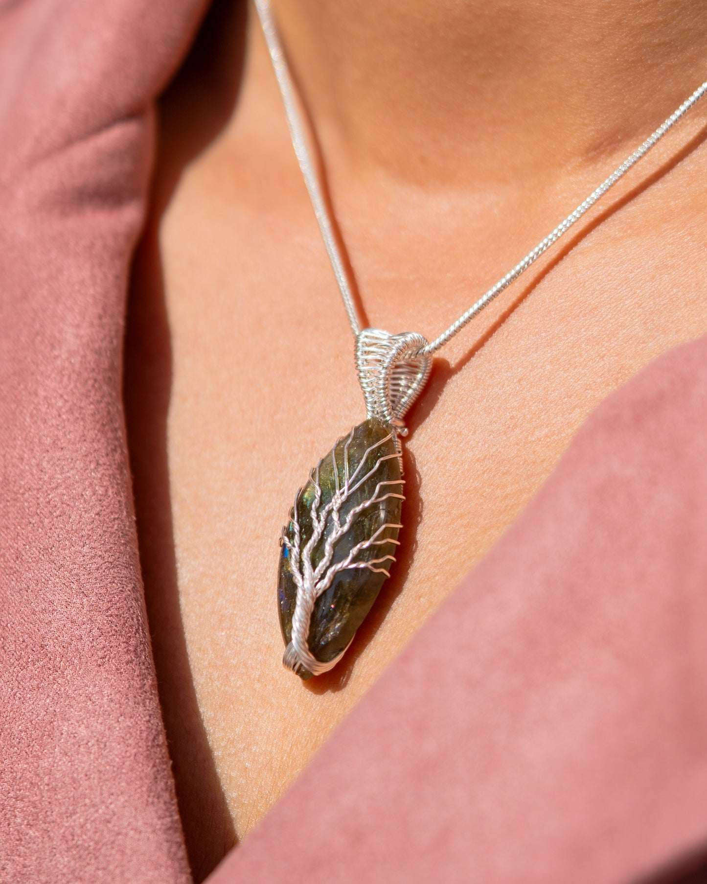 Labradorite Tree of Life Pendant - Handwoven Silver Wire Wrapped Necklace