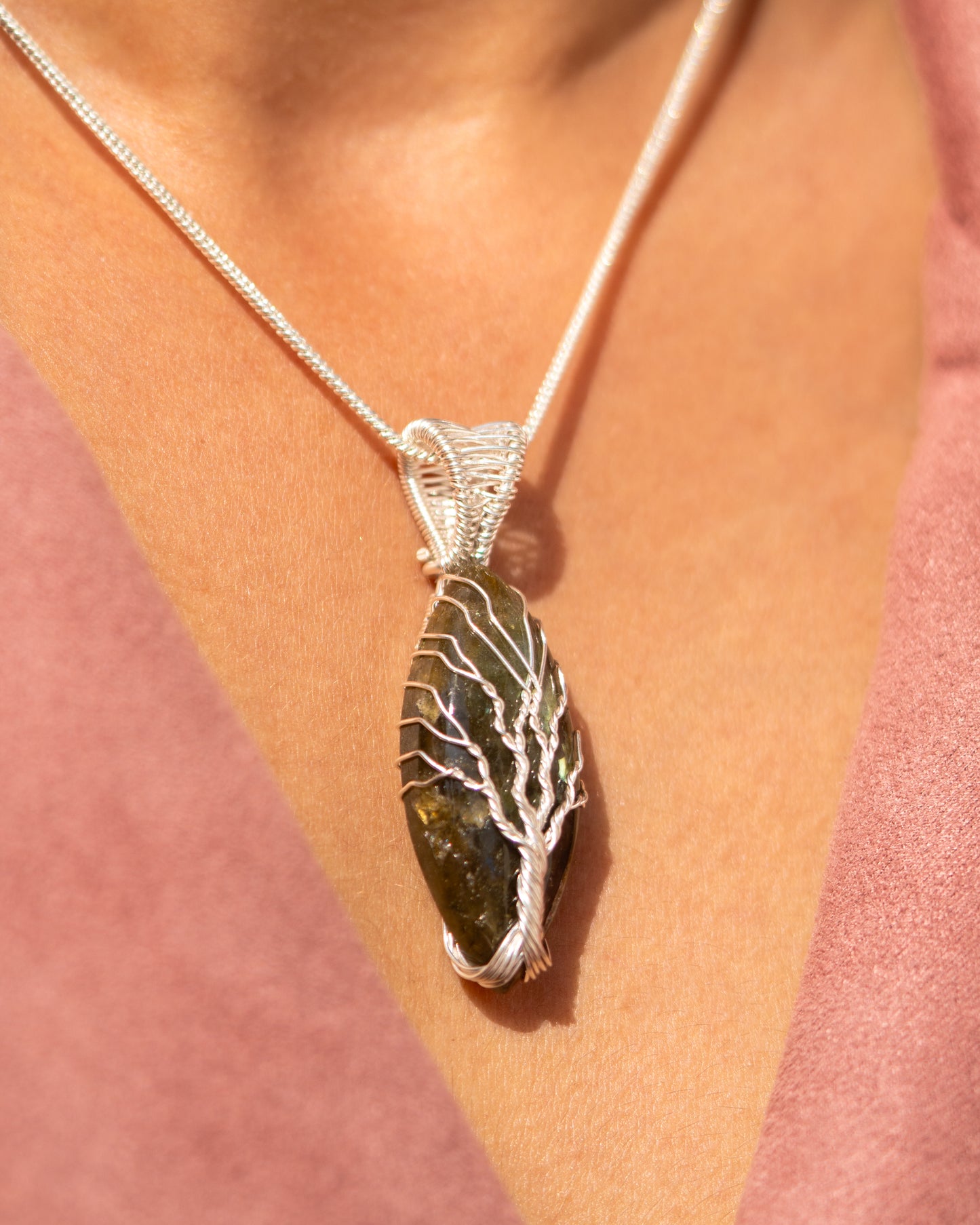 Labradorite Tree of Life Pendant - Handwoven Silver Wire Wrapped Necklace