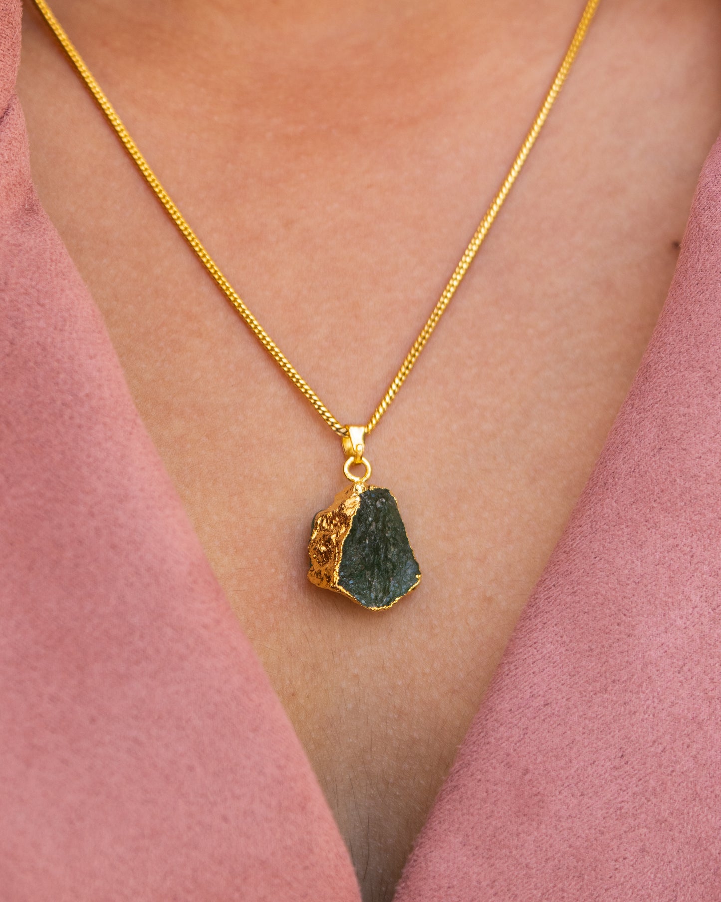 Raw Green Tourmaline Gold Pendant Necklace - Natural Crystal Jewelry