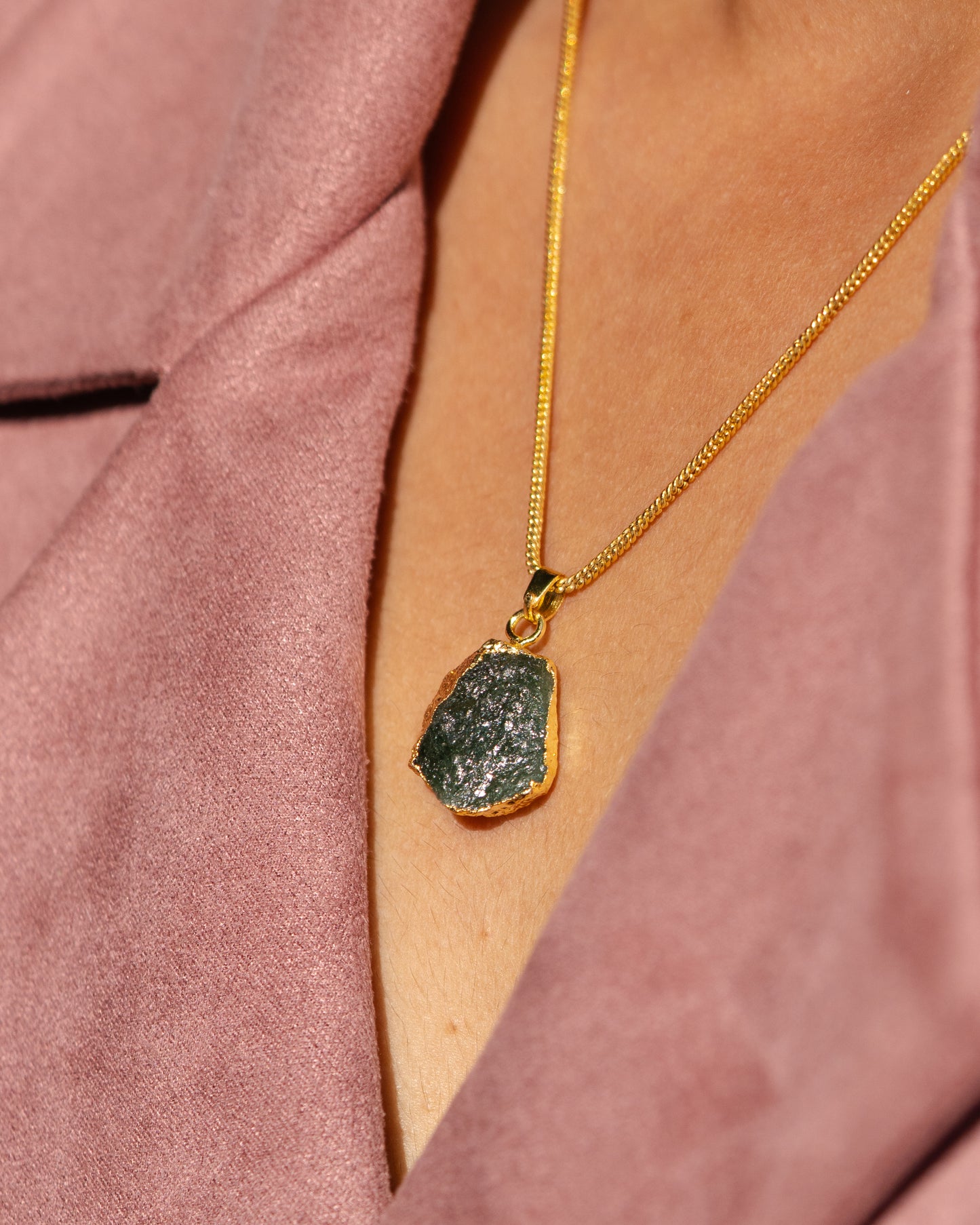 Raw Green Tourmaline Gold Pendant Necklace - Natural Crystal Jewelry