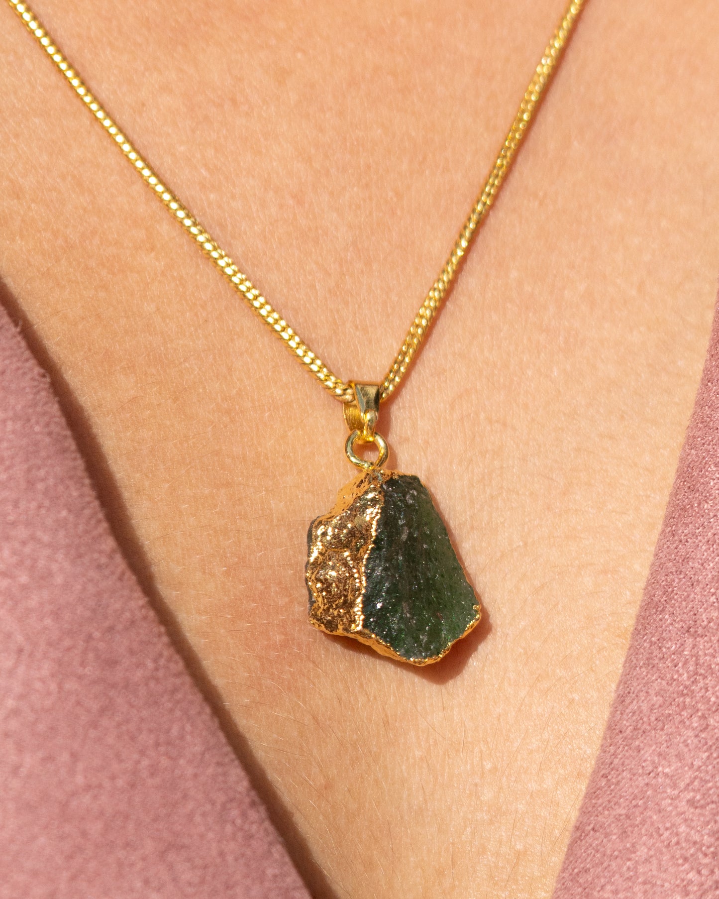 Raw Green Tourmaline Gold Pendant Necklace - Natural Crystal Jewelry