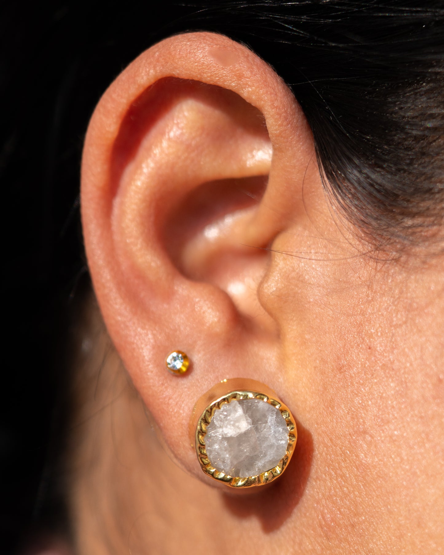 Raw White Quartz Brass Stud Earrings - Handcrafted Jaipur Artisan Jewelry