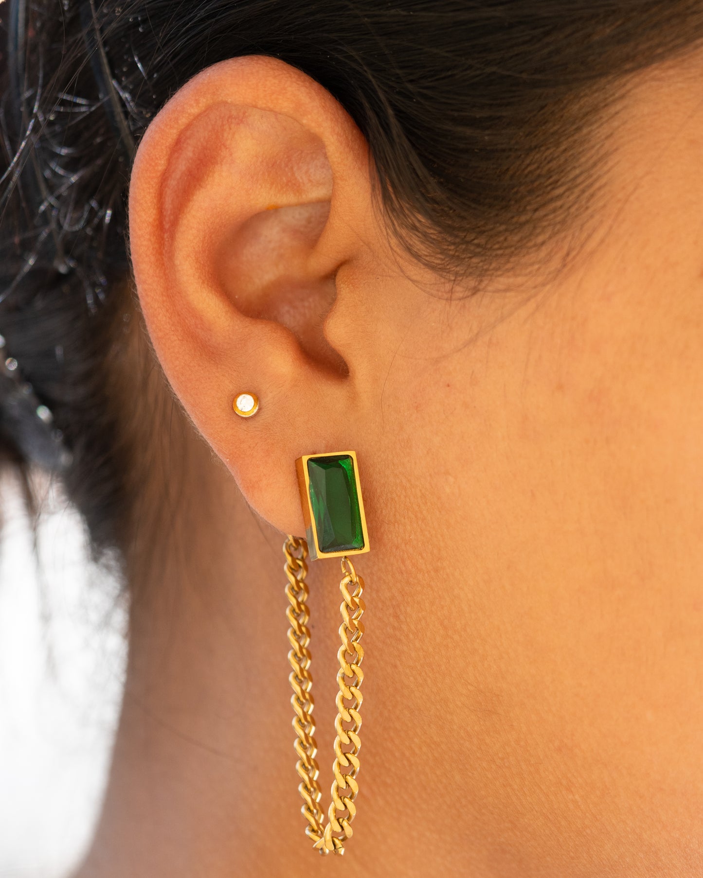 Emerald Rectangle Gold Chain Drop Earrings - Luxury Statement Jewelry