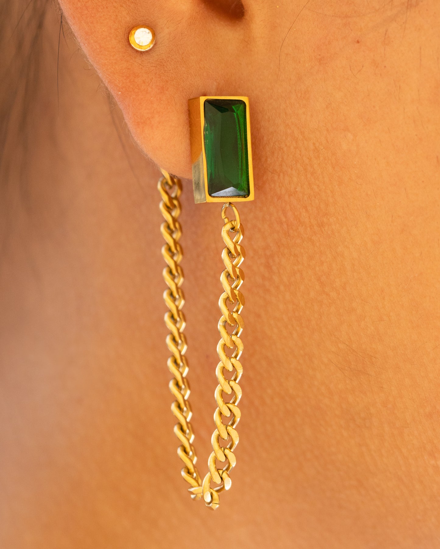 Emerald Rectangle Gold Chain Drop Earrings - Luxury Statement Jewelry