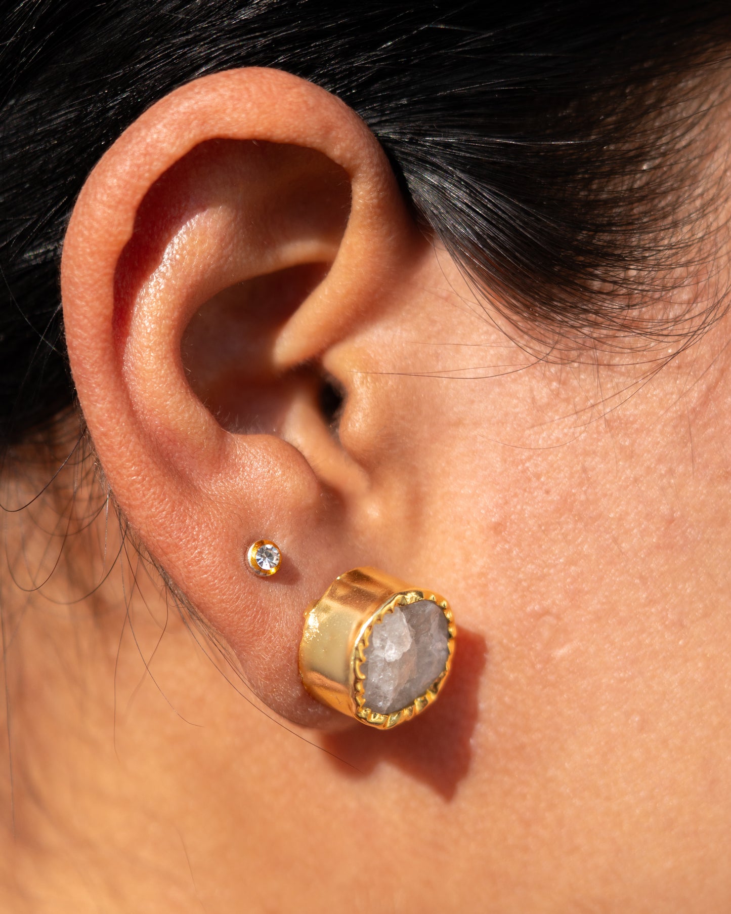 Raw White Quartz Brass Stud Earrings - Handcrafted Jaipur Artisan Jewelry